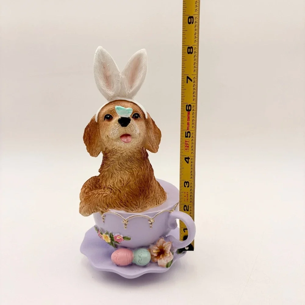 Easter Puppy in Teacup Figurine Bunny Ears Butterfly Lavender Resin Pastel‎